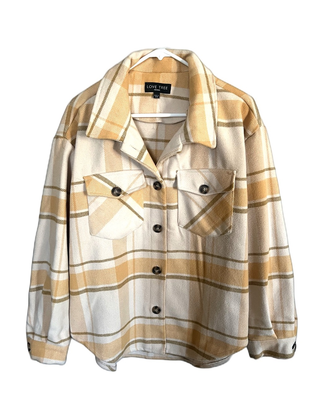 Mod Boutique Love Tree Cream Yellow Tan Plaid Button-Front Shacket Harvest Fall